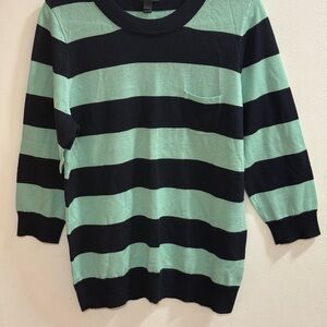 J. Crew Navy and Green Striped Lightweight Wool Sweater 3/4 Sleeves Size L